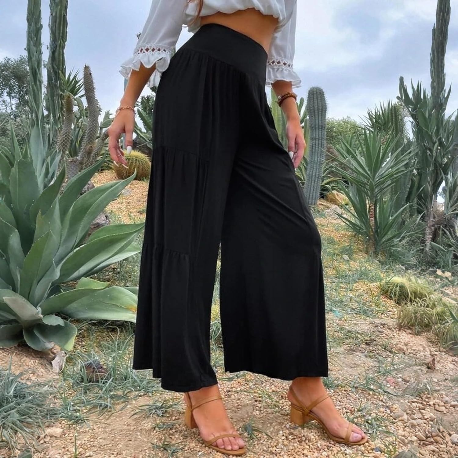 Palazzo Pants for Women Summer Casual Flowy Wide Leg High Waisted Ladies Lightweight Work Pant with Pockets