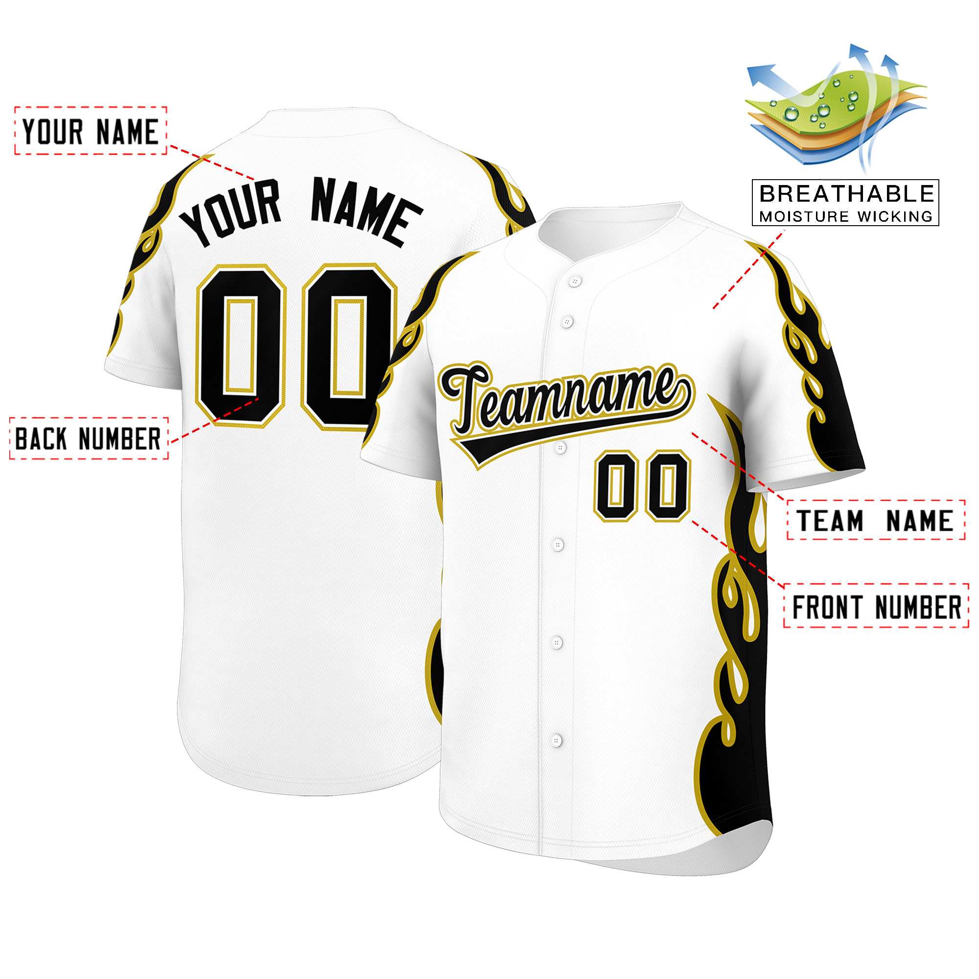 Benutzerdefiniertes Baseball-Trikot mit Seitenflammen-Umrissmuster für Sportuniformen