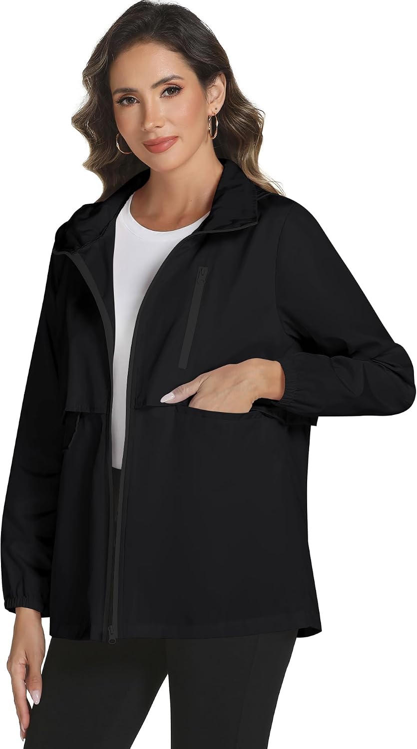 Women's Long Hooded Rain Jacket Waterproof Black