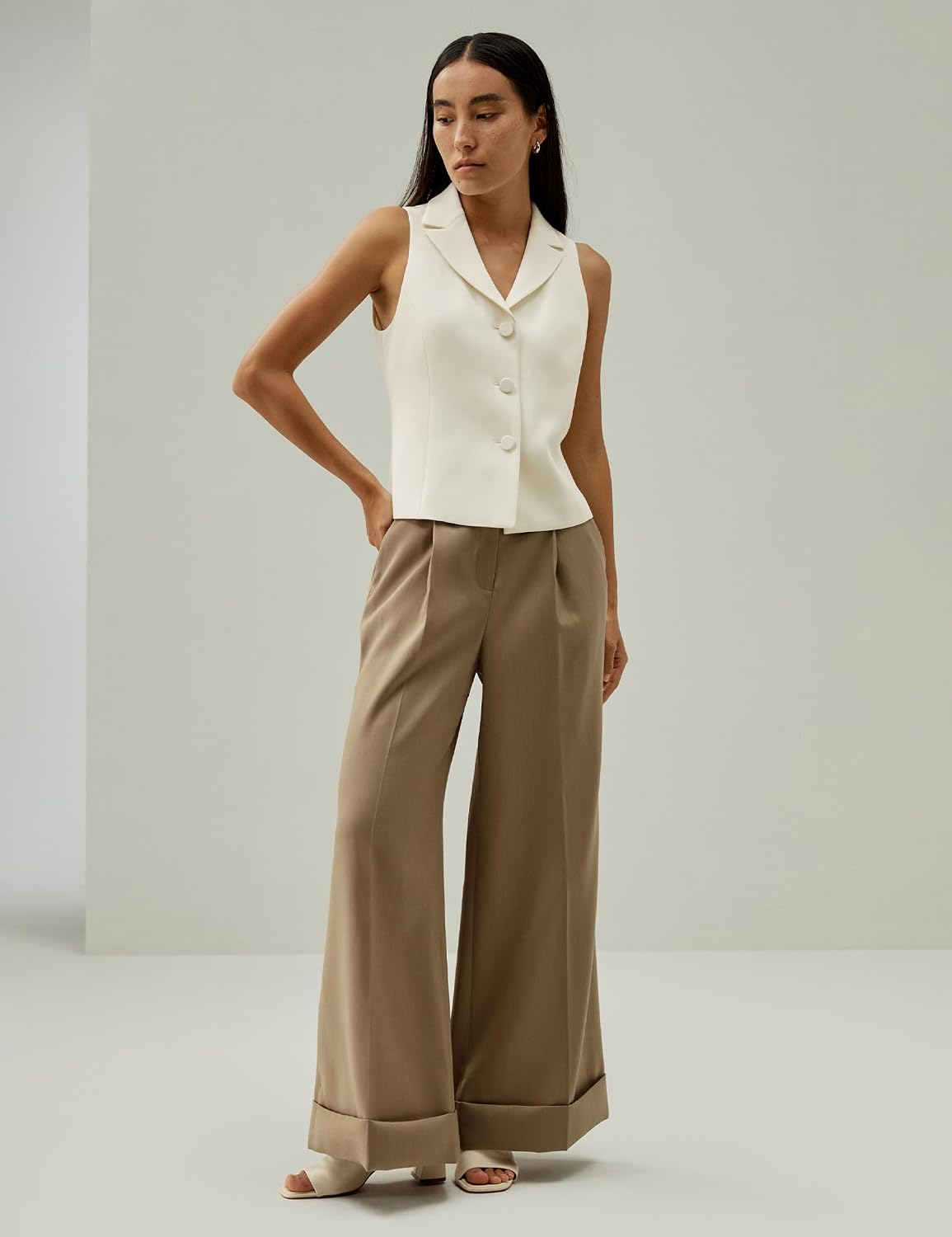 Women's Lapel Collar Silk Blazer Vest Button Front Ivory