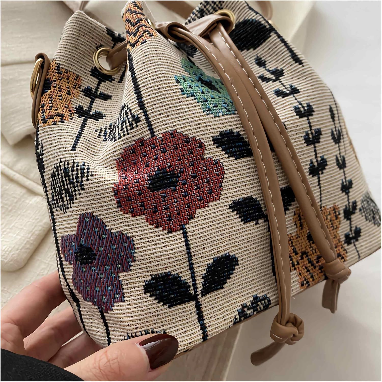 Women's Floral Embroidery Canvas Tote Bag Beige Women's Floral Embroidery Canvas Tote Bag Beige