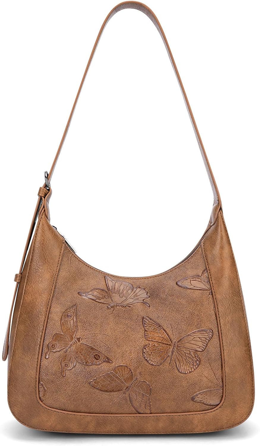 Women's Butterfly Embossed Hobo Shoulder Bag Brown