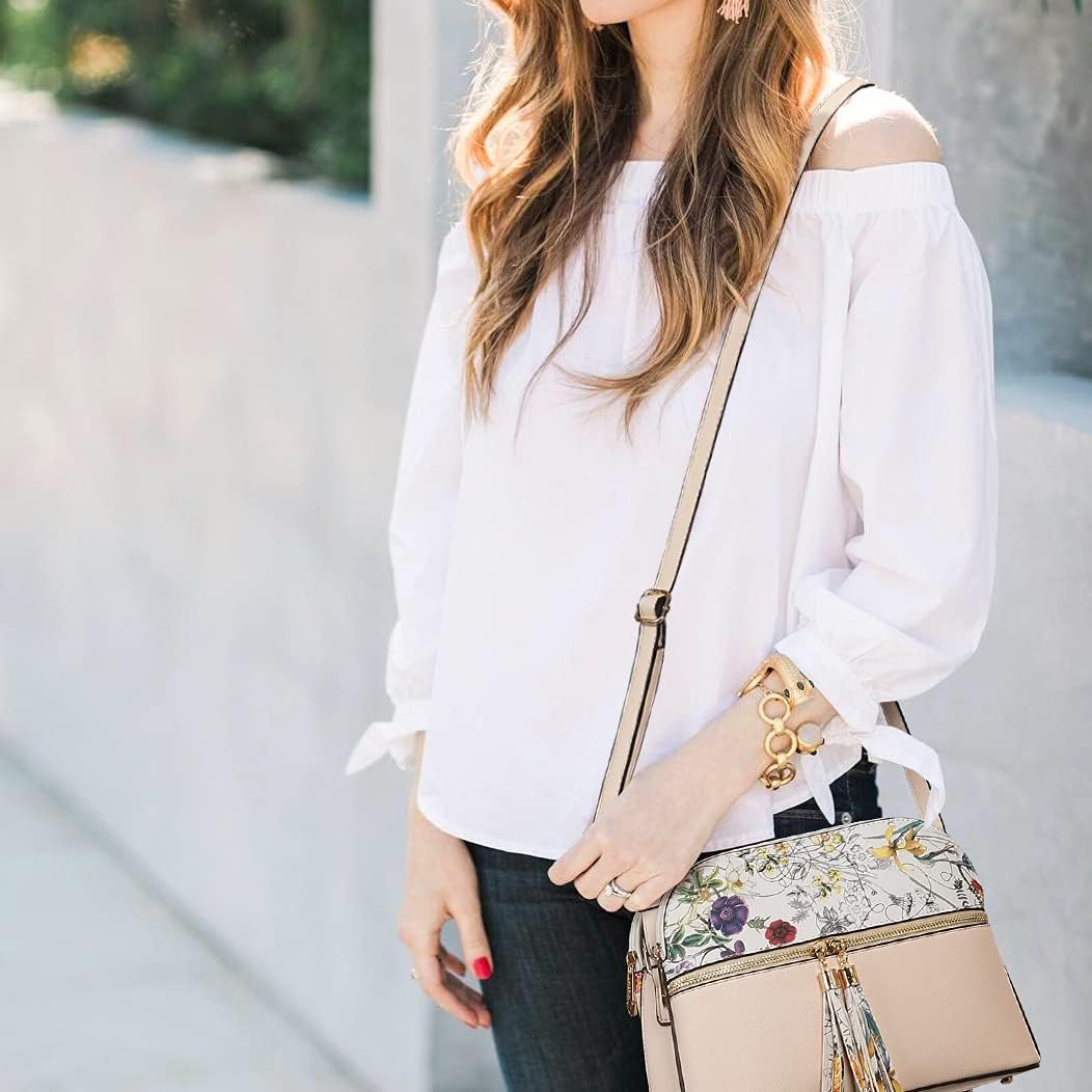 Women's Beige Floral-Print Dome Crossbody Bag Tassel