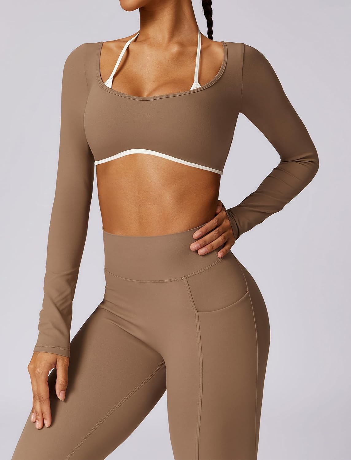 Women's Open Back Crop Top Leggings Set with Pocket