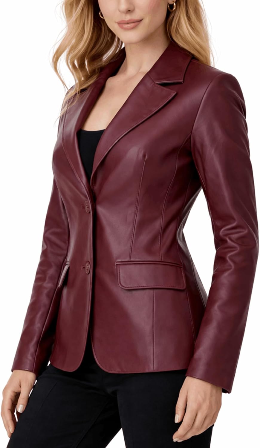 Women's Leather Two Button Blazer Burgundy