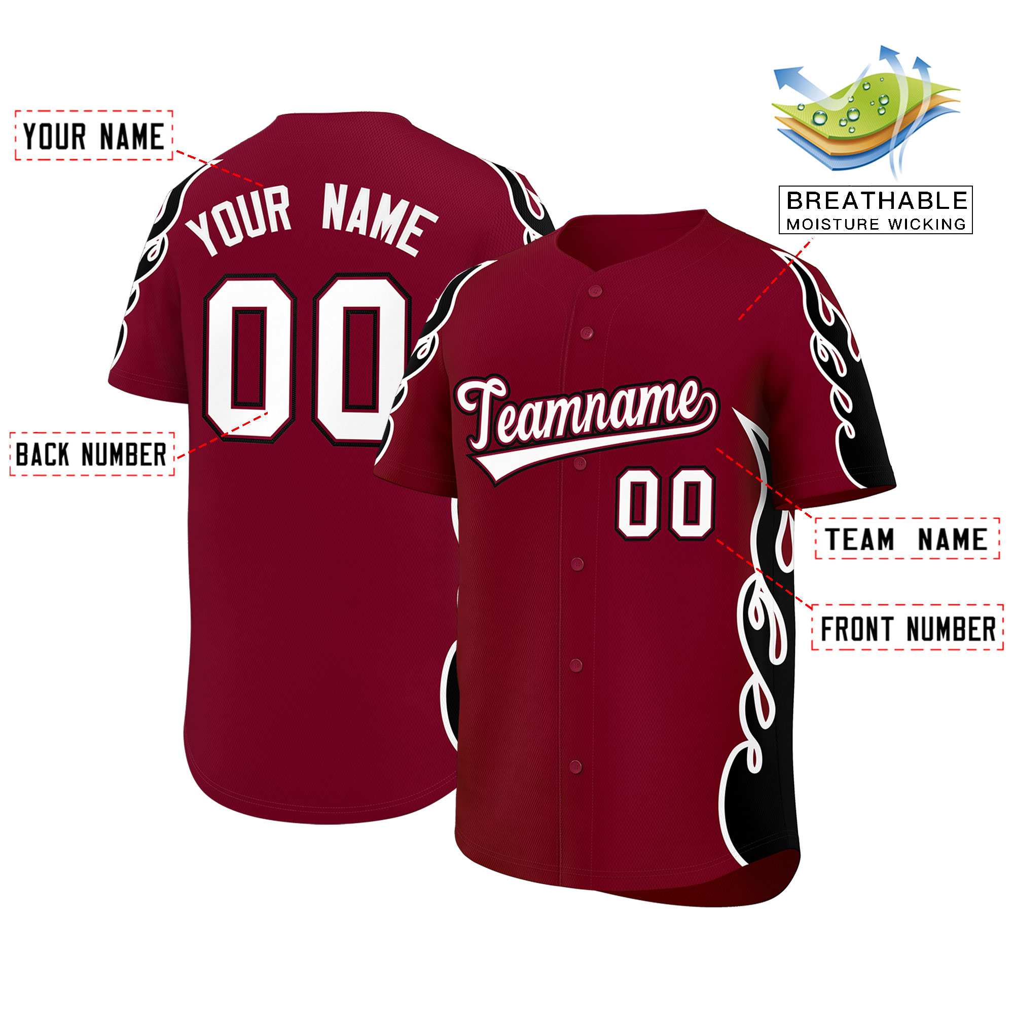 Benutzerdefiniertes Baseball-Trikot mit Seitenflammen-Umrissmuster für Sportuniformen