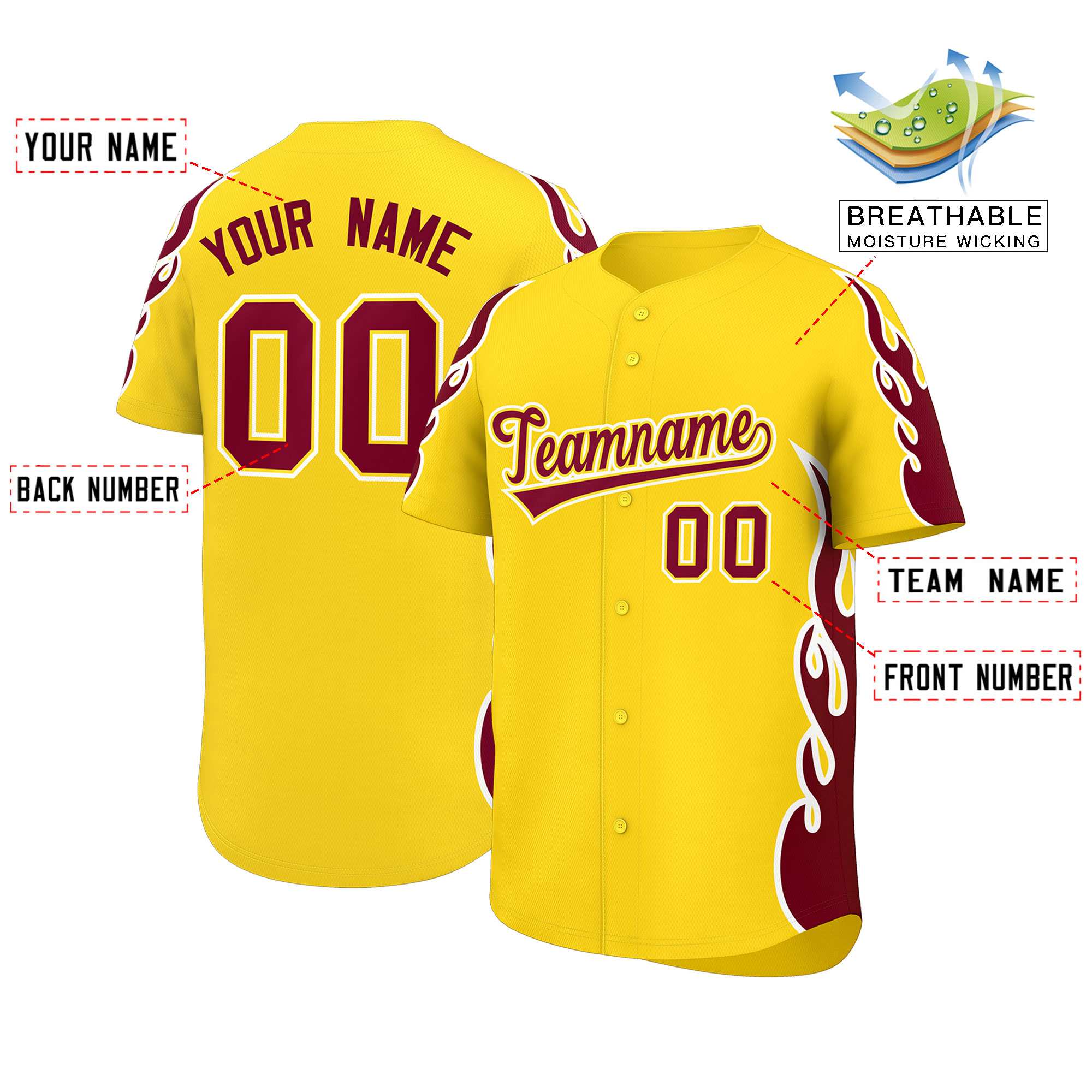 Benutzerdefiniertes Baseball-Trikot mit Seitenflammen-Umrissmuster für Sportuniformen