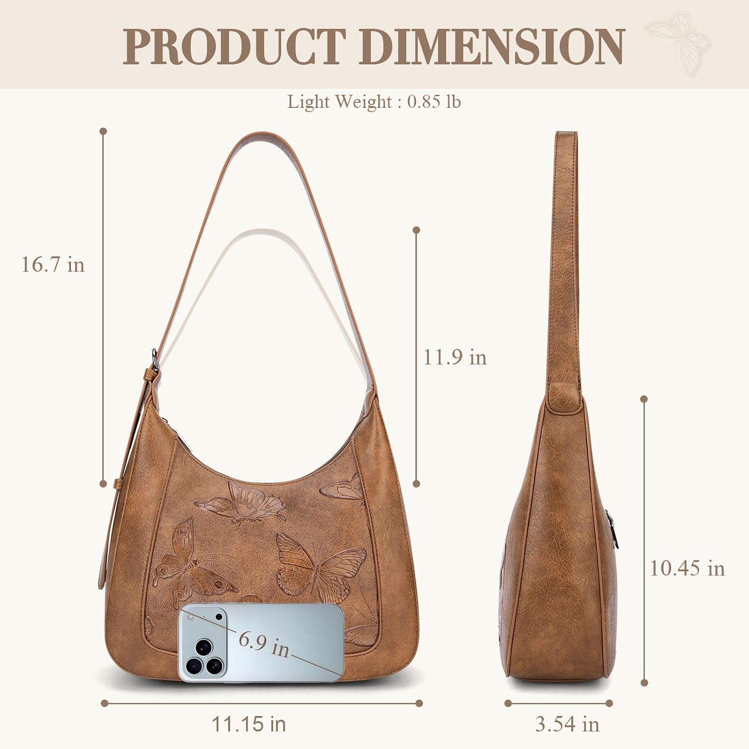 Women's Butterfly Embossed Hobo Shoulder Bag Brown