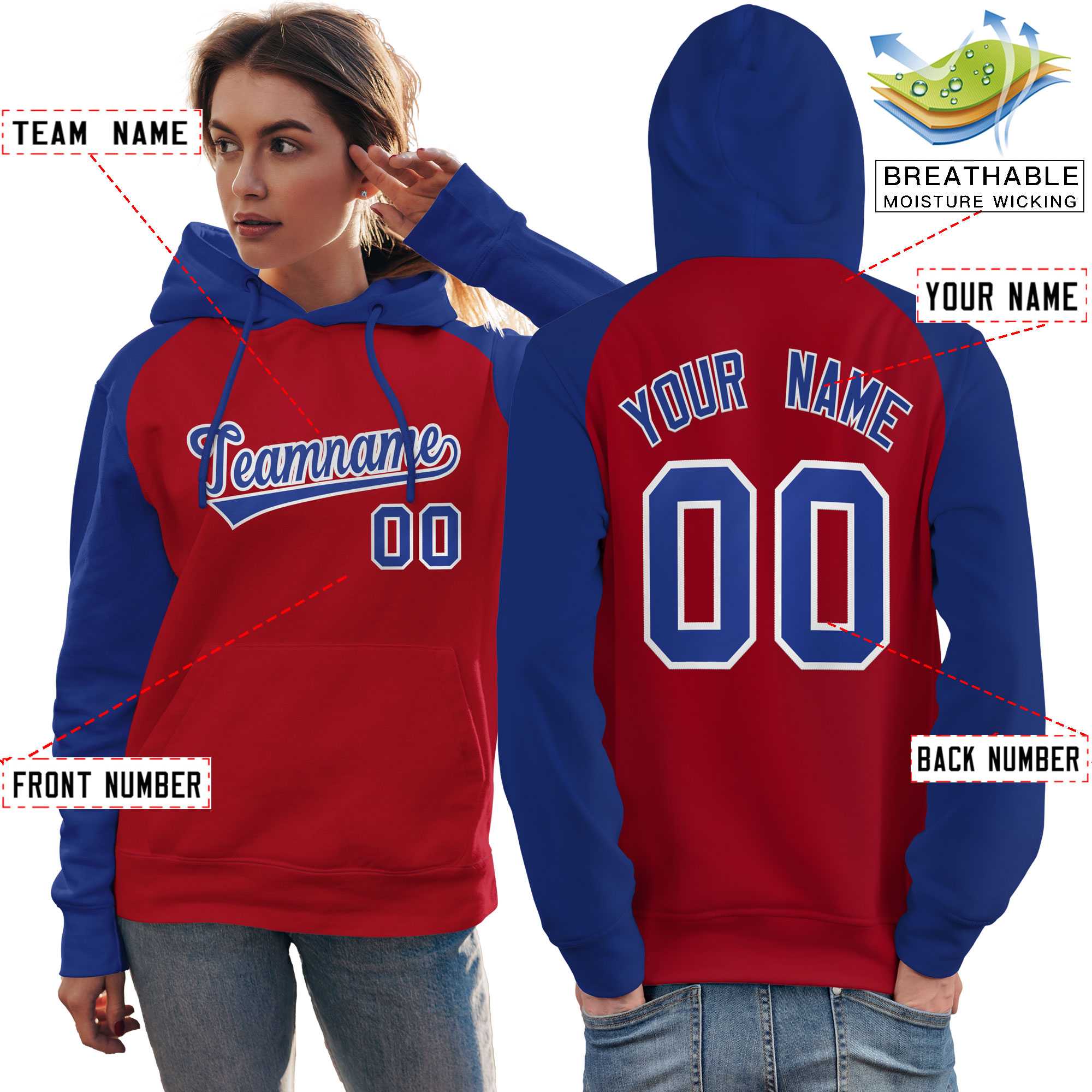 Individuell genähtes rotes Royal Raglanärmel-Sportpullover-Sweatshirt für Damen