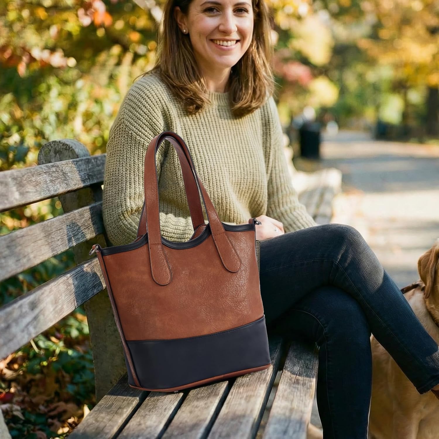 Women's Two-Tone Vegan Leather Shoulder Tote Bag, Brown Women's Two-Tone Vegan Leather Shoulder Tote Bag, Brown