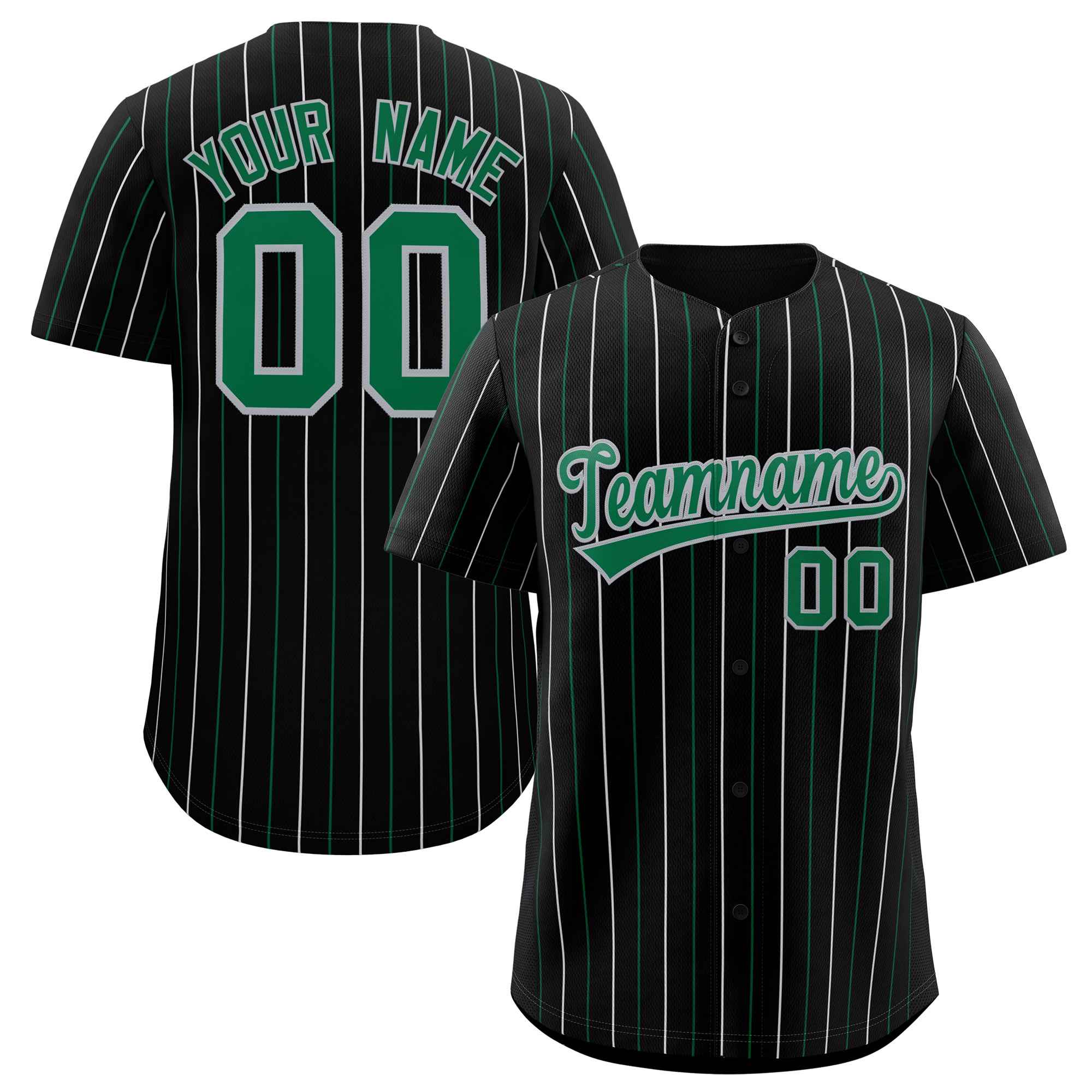Benutzerdefiniertes, modisches, authentisches Baseball-Trikot mit zweifarbigen Streifen in Schwarz, Kelly-Grün und Grau