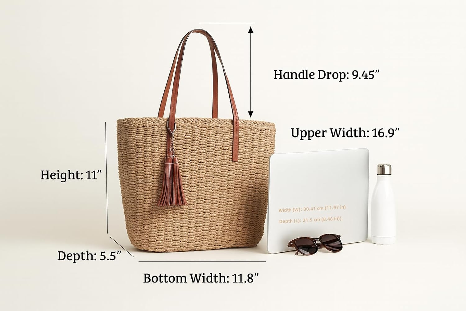 Women's Straw Tote Bag Beige Tassel