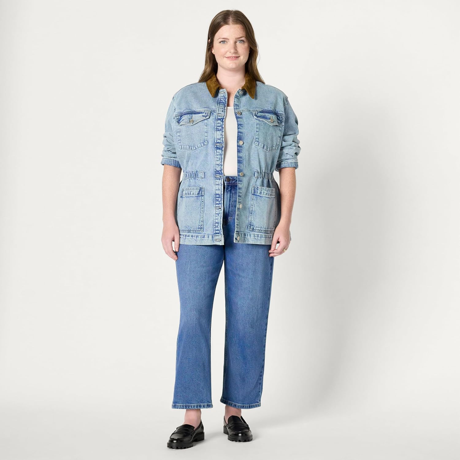 Women's Corduroy Collar Cinched Waist Denim Barn Jacket Women's Corduroy Collar Cinched Waist Denim Barn Jacket