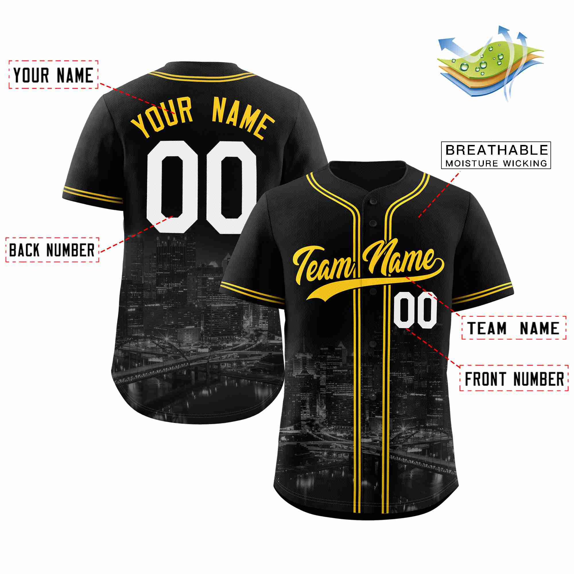 Benutzerdefiniertes Pittsburgh City Skyline Baseball-Trikot Benutzerdefiniertes Pittsburgh City Skyline Baseball-Trikot