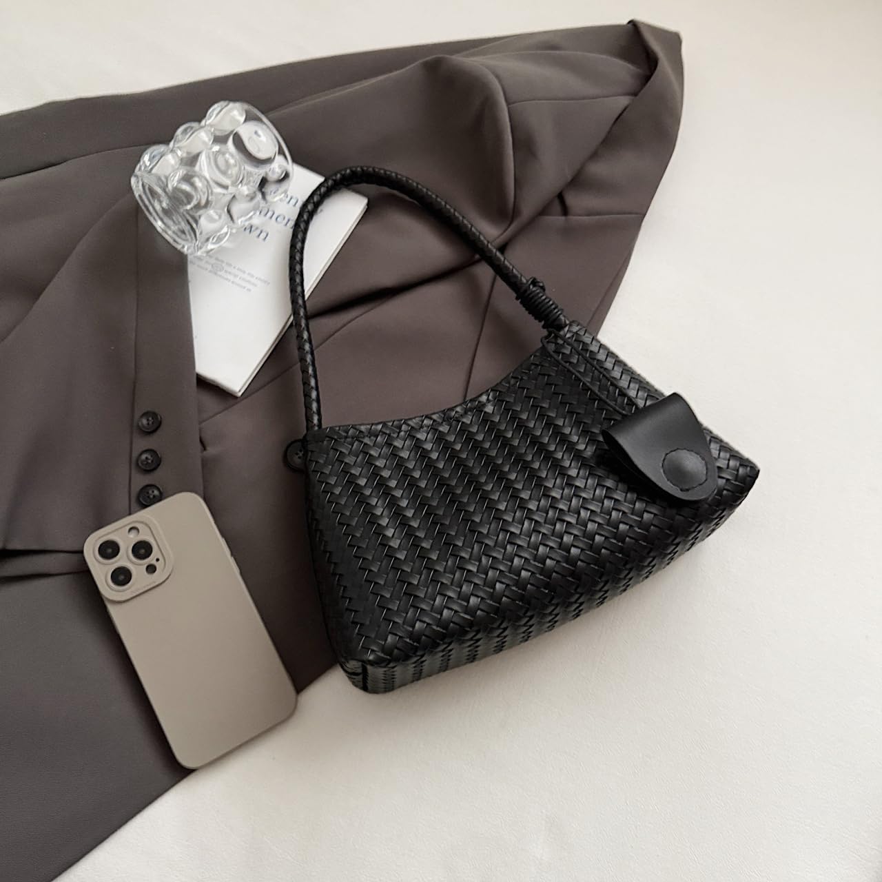 Women's Woven Faux Leather Hobo Tote Bag Black Women's Woven Faux Leather Hobo Tote Bag Black