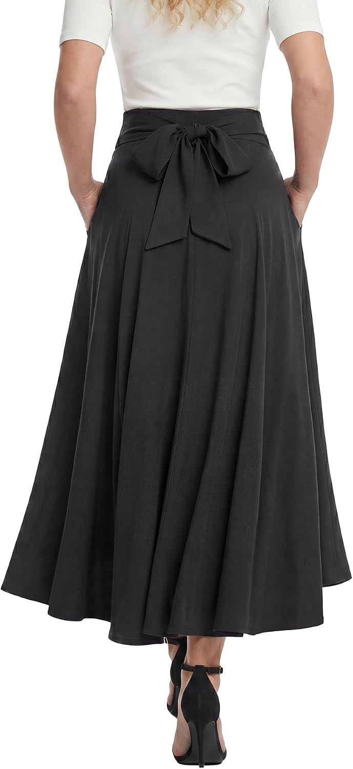 Women's High Waist Maxi Skirts Pleated A Line Flared Flowy Elastic Long Skirt with Pockets