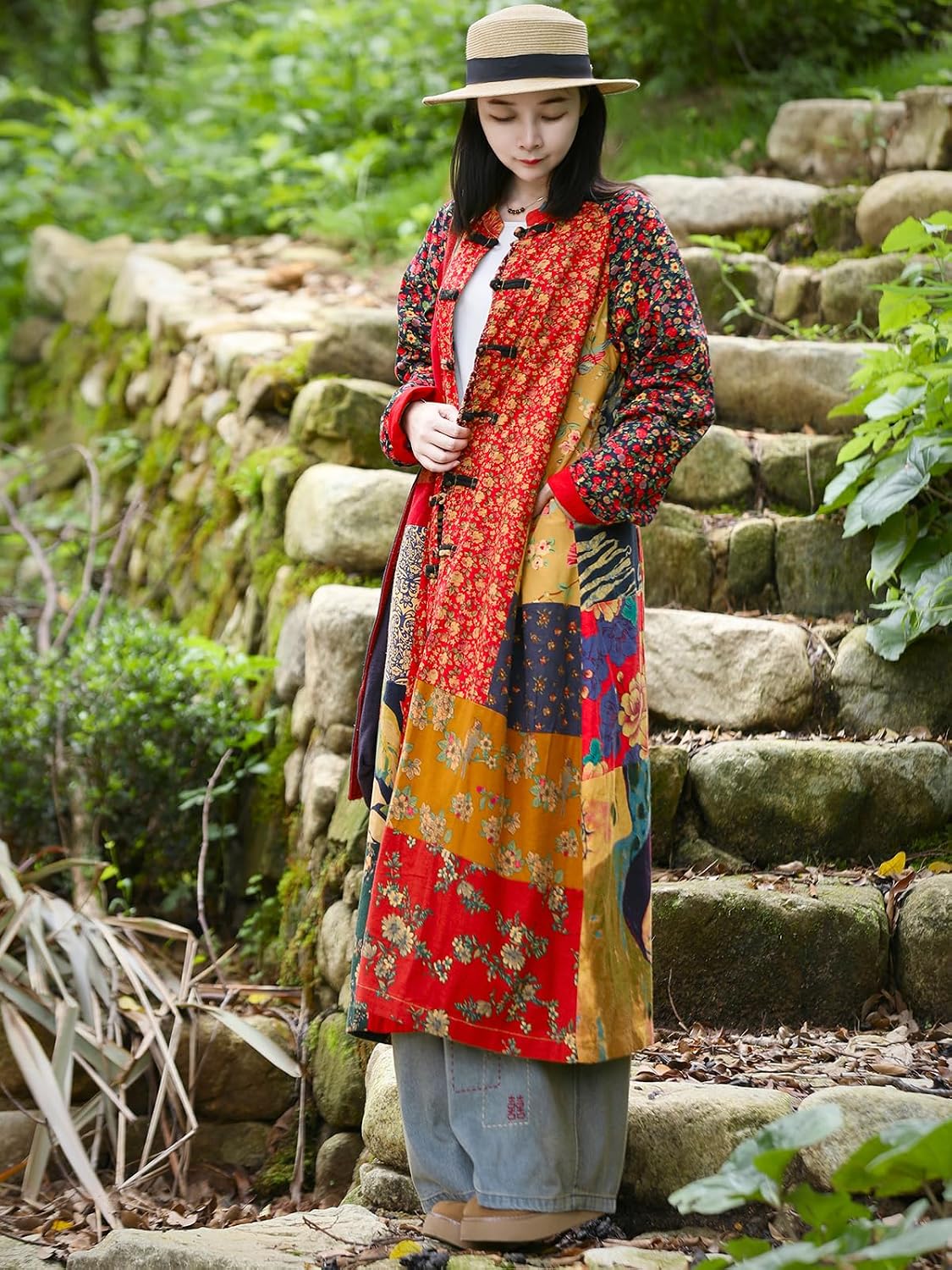Women\u2018s Patchwork Trench Coat - Floral Cotton Linen Long Jacket Cottagecore Bohemian Outerwear