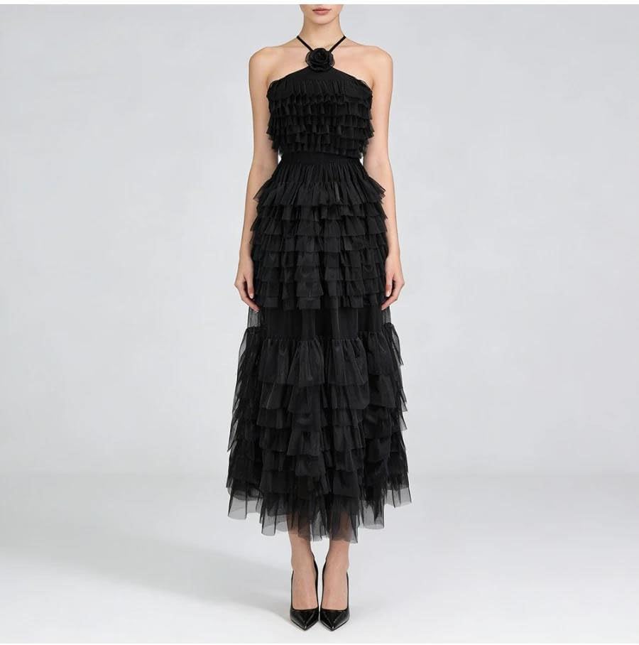 Women's Ruffle Tulle Halter Midi Dress Tiered Black