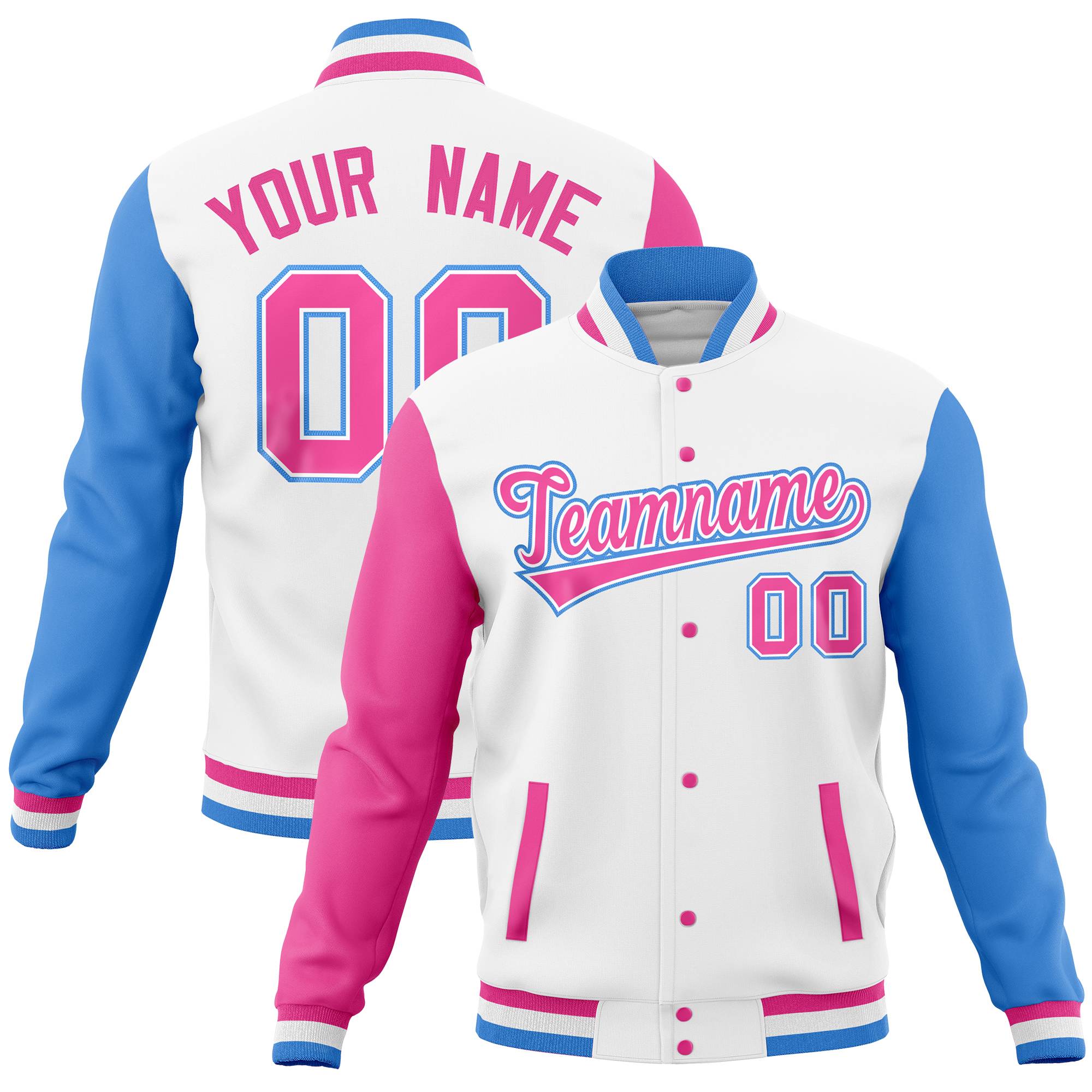 Custom White Powder Blue-Pink Full-Snap Varsity Raglan Sleeves Letterman Baseball Jacket