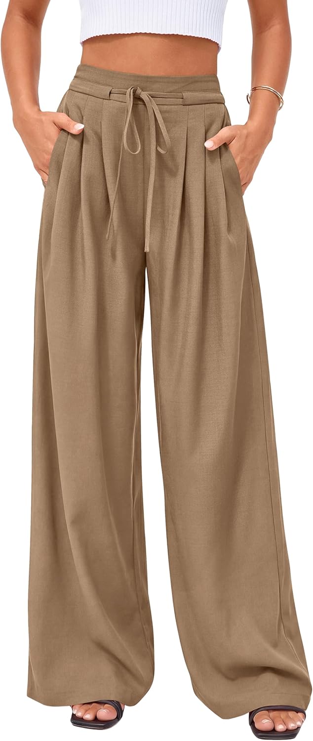 Womens Summer Wide Leg Dress Pants Business Casual Work High Waist Baggy Tie Trousers Pleated Palazzo Slacks
