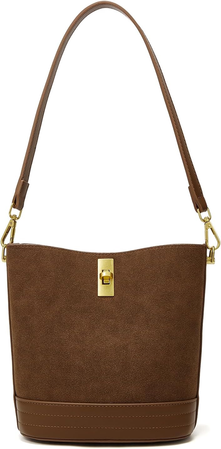 Women's Faux Suede Bucket Bag with Gold Lock Brown