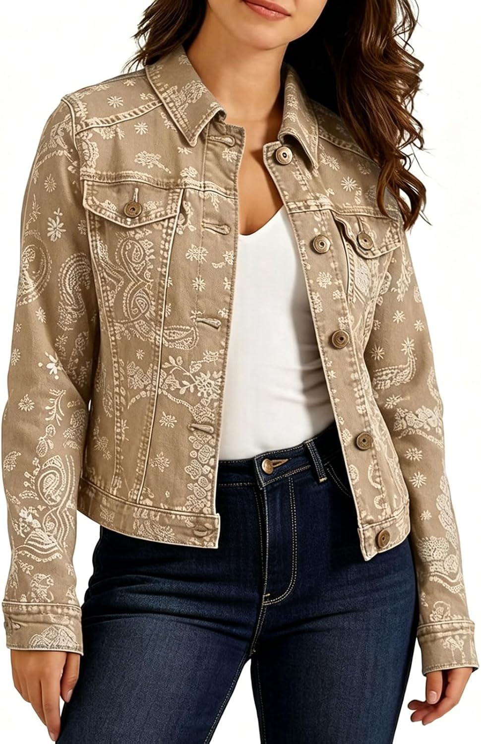 Women Floral Print Jean Jacket Button Down Denim Long Sleeves Boyfriend Baggy Trucker Coat Shacket Retro