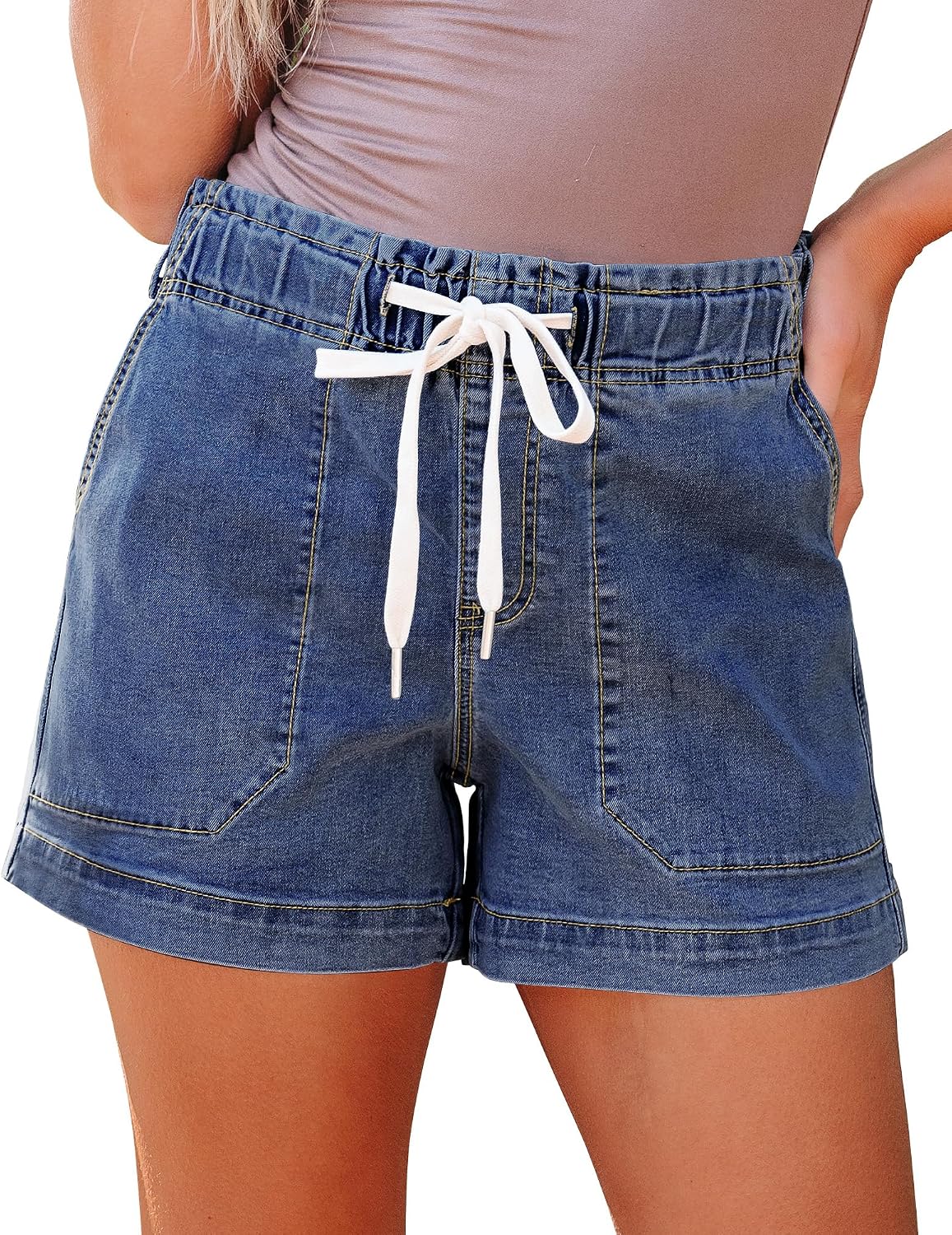 Jean Shorts for Women High Waisted Pull On Denim Jorts Summer Short Drawstring Elastic Waist Rise Trendy Womens with Pockets Country Concert Outfits