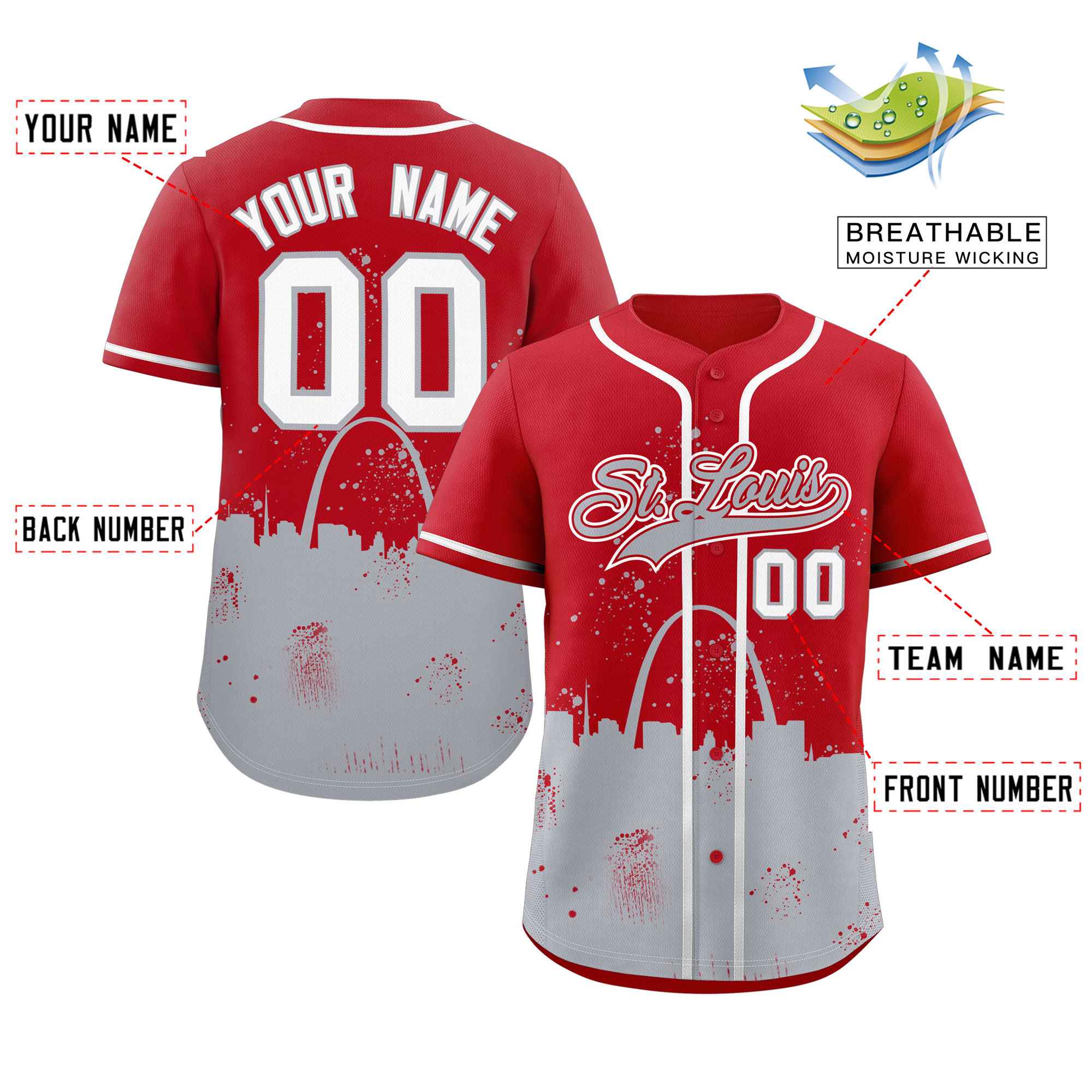 Benutzerdefinierte rot grau personalisierte St. Louis City Nightscape authentische Baseball-Trikot Benutzerdefinierte rot grau personalisierte St. Louis City Nightscape authentische Baseball-Trikot