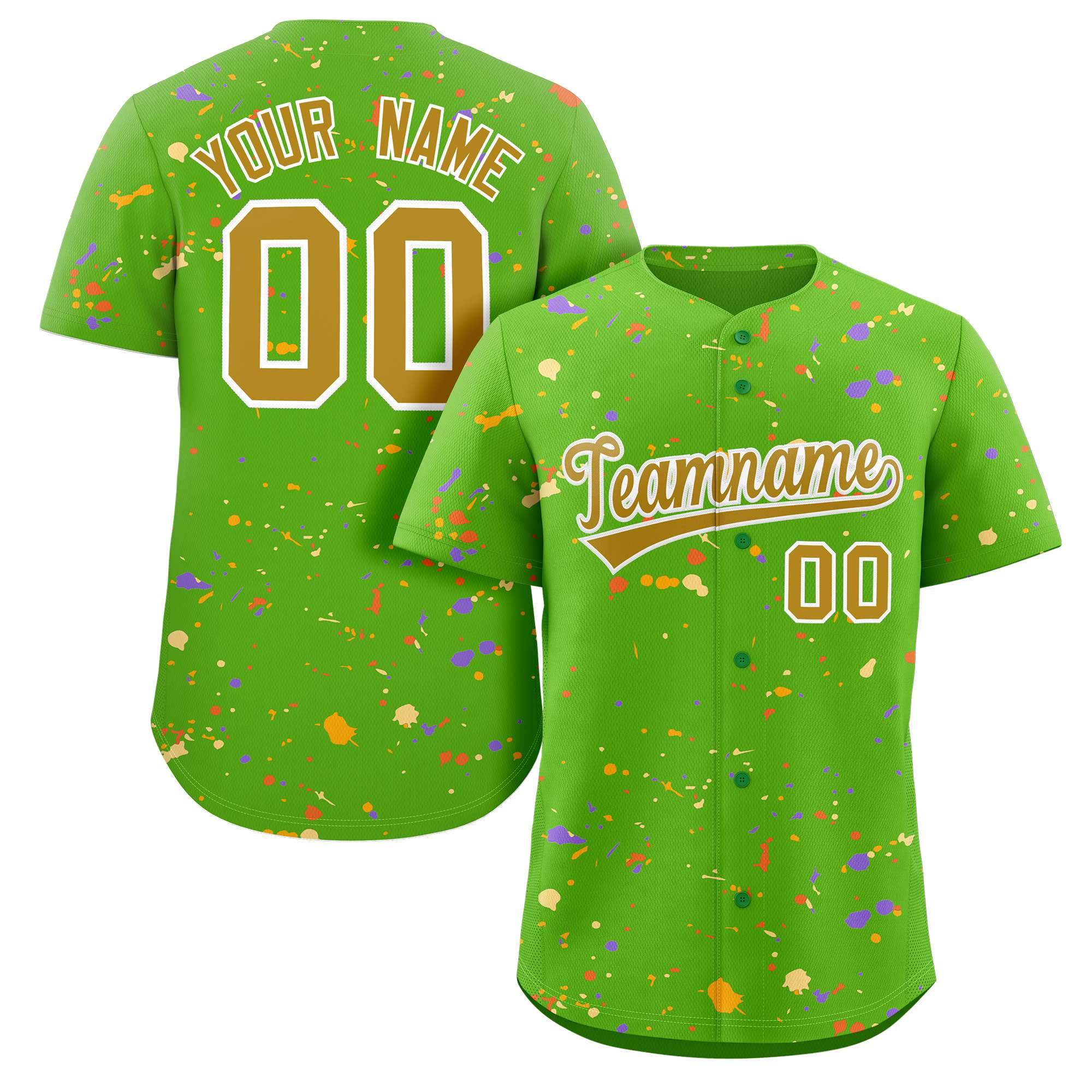 Benutzerdefiniertes authentisches Baseball-Trikot mit grünem Altgold-Weiß-Spritzer-Graffiti-Muster