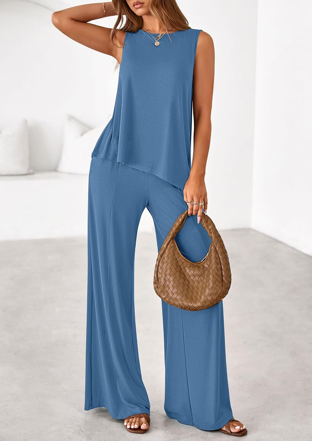 Women's 2 Piece Lounge Set Asymmetrical Tank Dusty Blue
