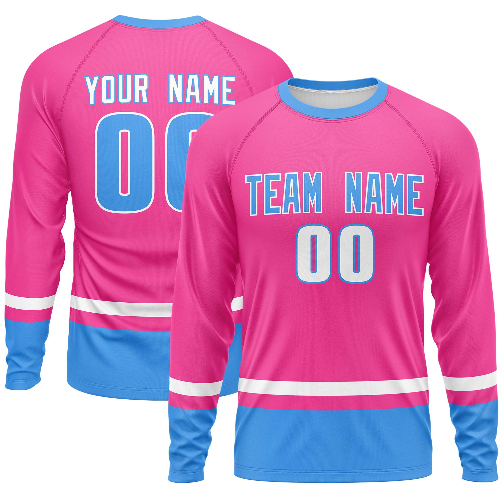 Maßgeschneidertes Langarm-Performance-T-Shirt im Farbblockdesign in Pink, Weiß und Puderblau