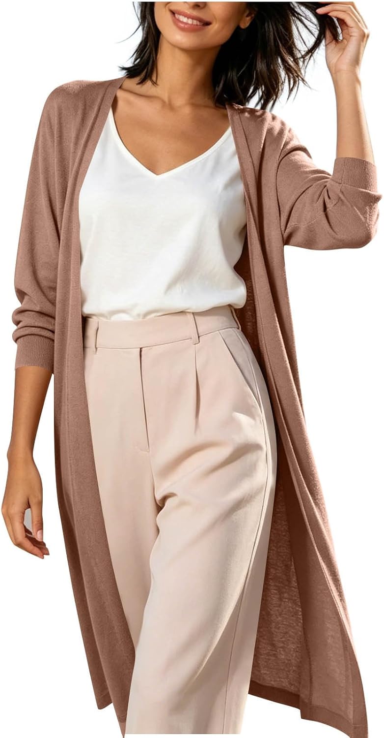Women's Long Sleeve Open Front Drape Sweater Cardigan Coat Maxi Duster Solid Lightweight Comfortable Outerwear