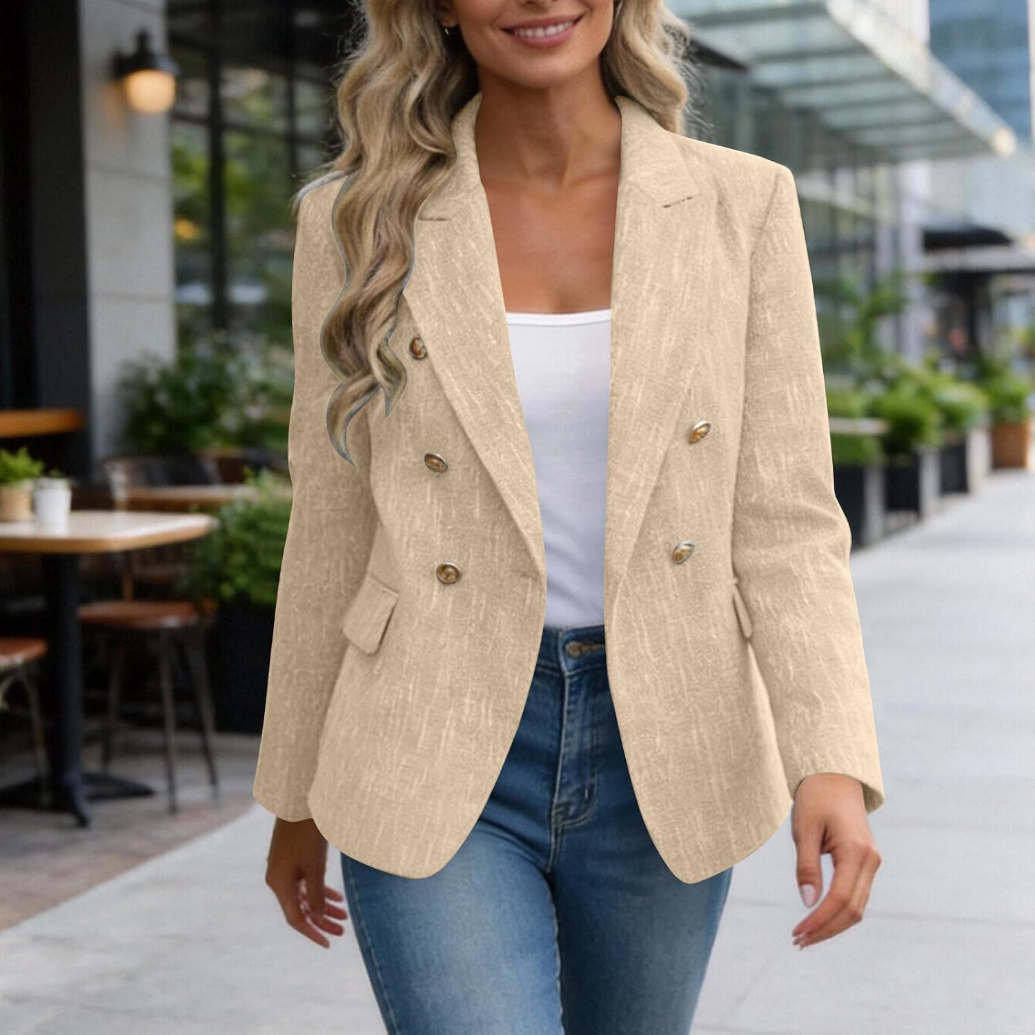 Women's Tweed Double Breasted Blazers Business Casual Suit Jackets Women Blazer Jacket Long Sleeve Notch Lapel Button Down Work Office with Pockets