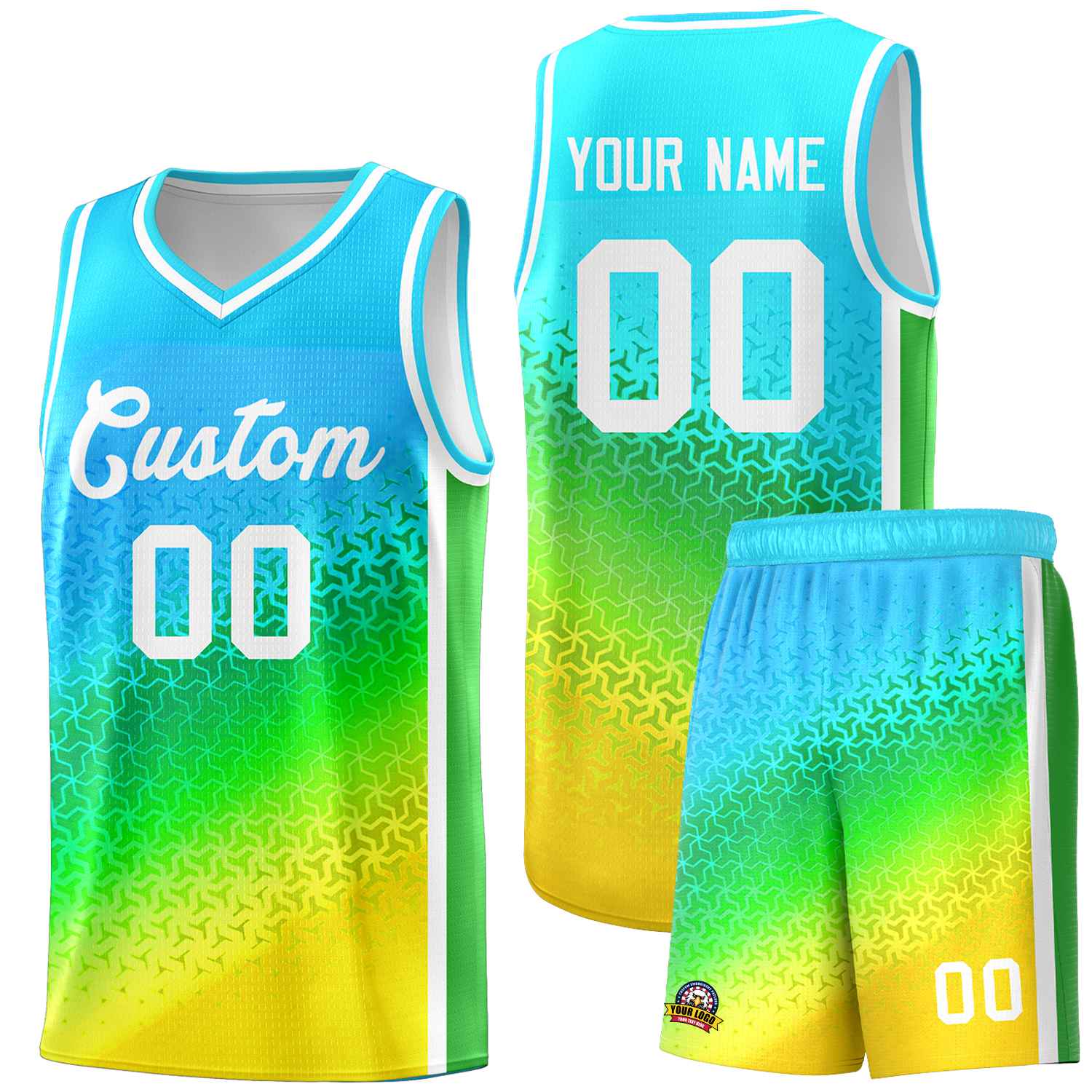 Benutzerdefiniertes himmelblaues helllila-goldenes Farbverlaufsdesign mit unregelmäßigen Formen und Mustern für Sportuniformen. Basketballtrikot