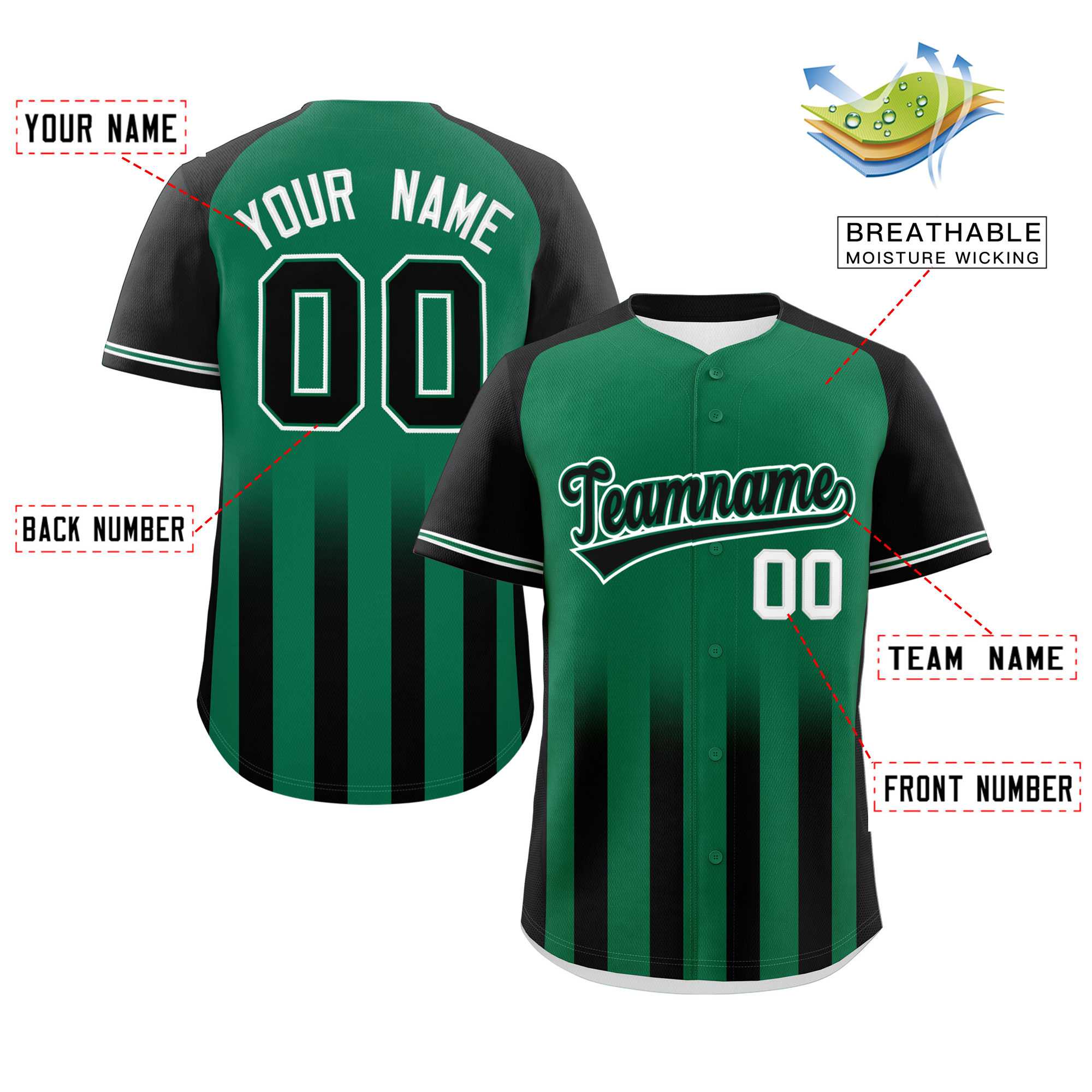 Benutzerdefiniertes Kelly Green Black Raglanärmel, Farbverlauf, dicke Streifen, authentisches Baseball-Trikot