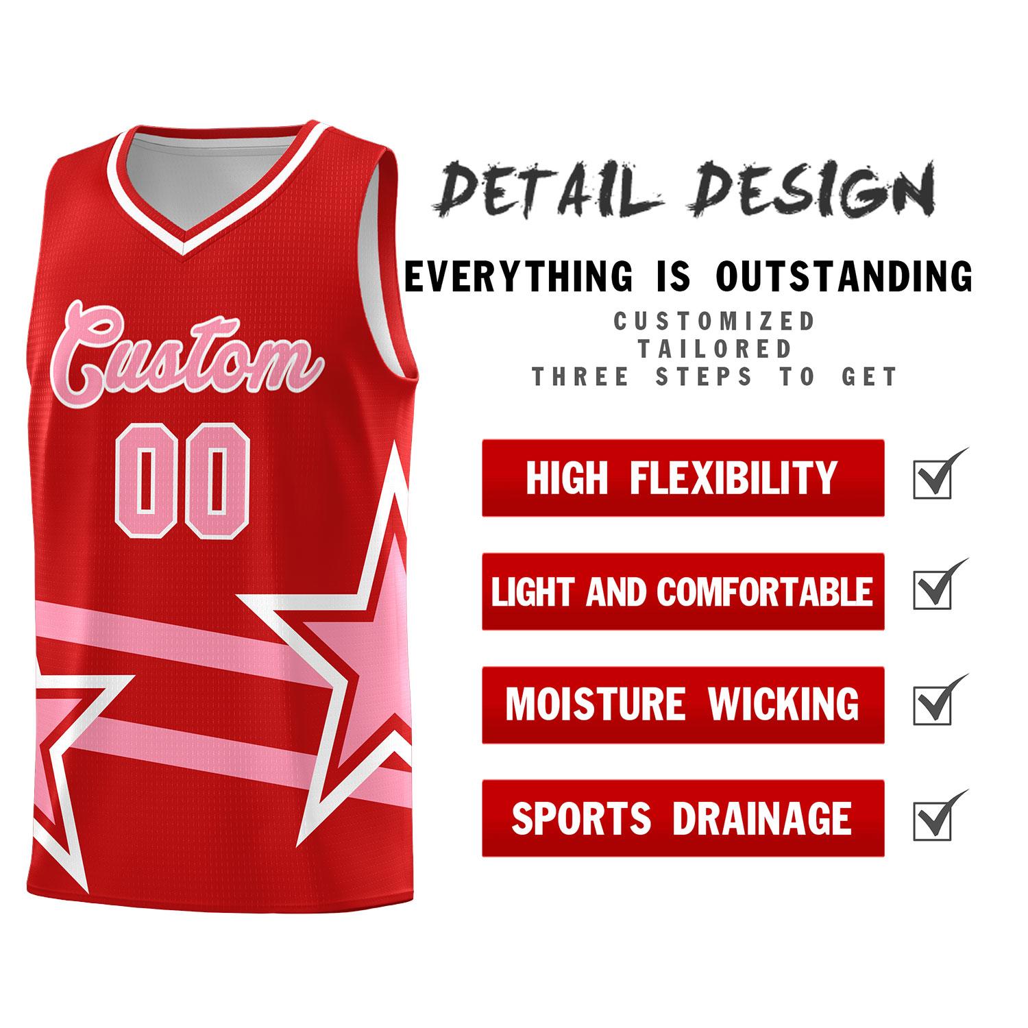 Kundenspezifische rote Basketball-Kits mit hellrosa Sternmuster und doppelten Linien