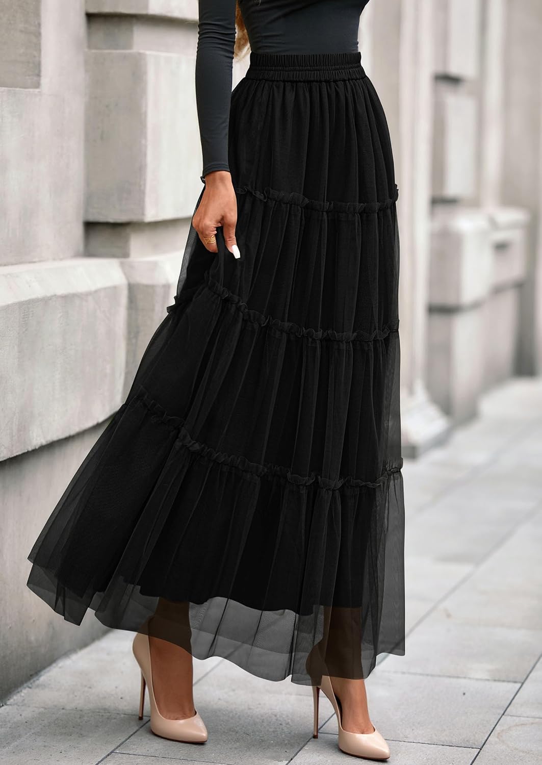 Women's Tulle Tiered Maxi Skirt Elastic Waist Black