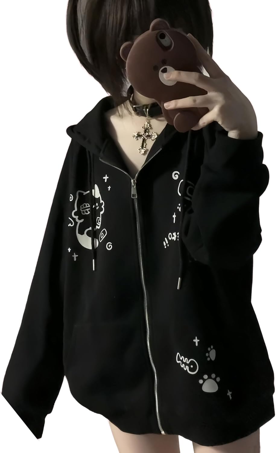 Womens Y2K Zip Up Cute Graphic Hoodies Cat Ears Cartoon Harajuku Kawaii Clothes Oversize Streetwear Jacket