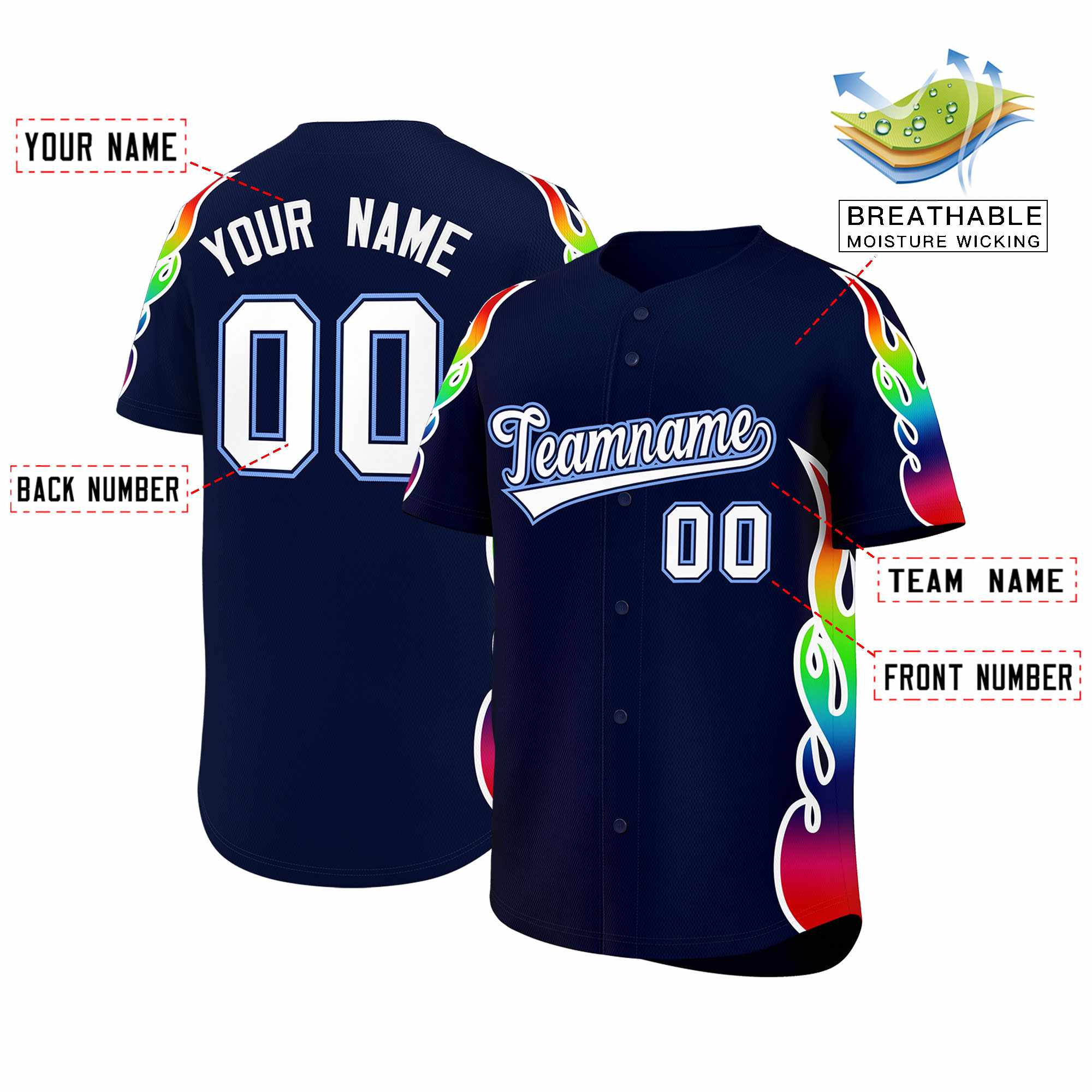 Benutzerdefiniertes Graffiti-Muster, personalisierter mehrfarbiger Flammendruck, authentisches Baseball-Trikot