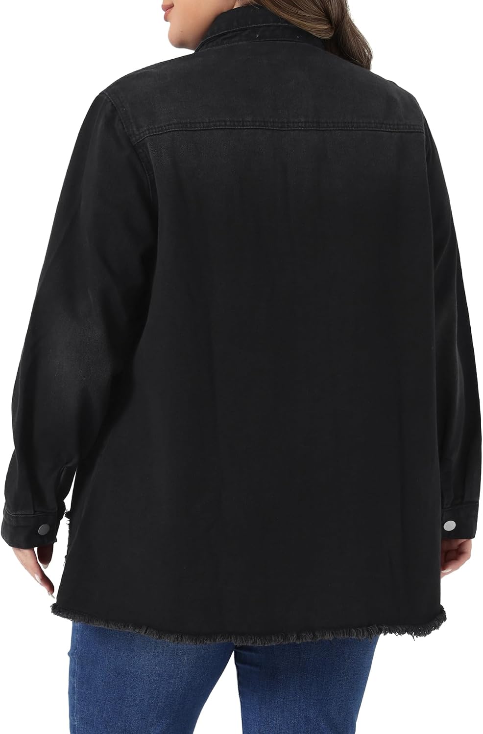 Women's Plus Size Washed Black Distressed Long Denim Jacket Women's Plus Size Washed Black Distressed Long Denim Jacket