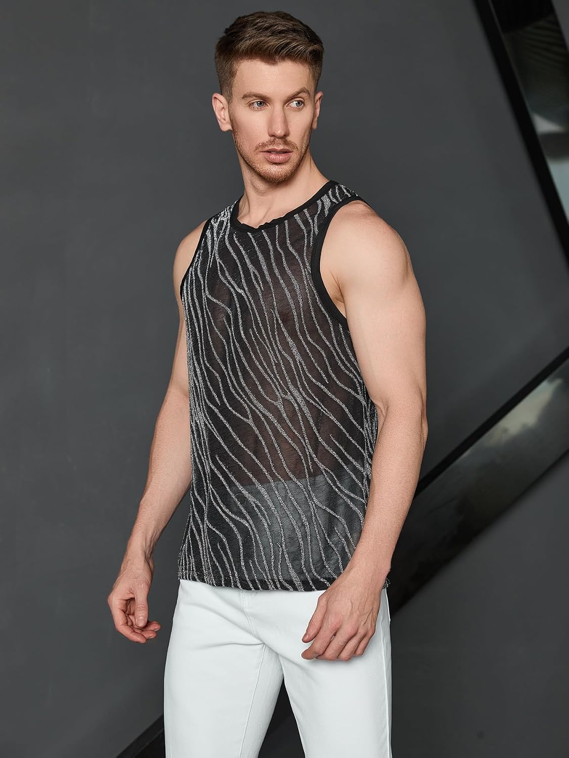 Men's Zebra Stripe Mesh Tank Top Black