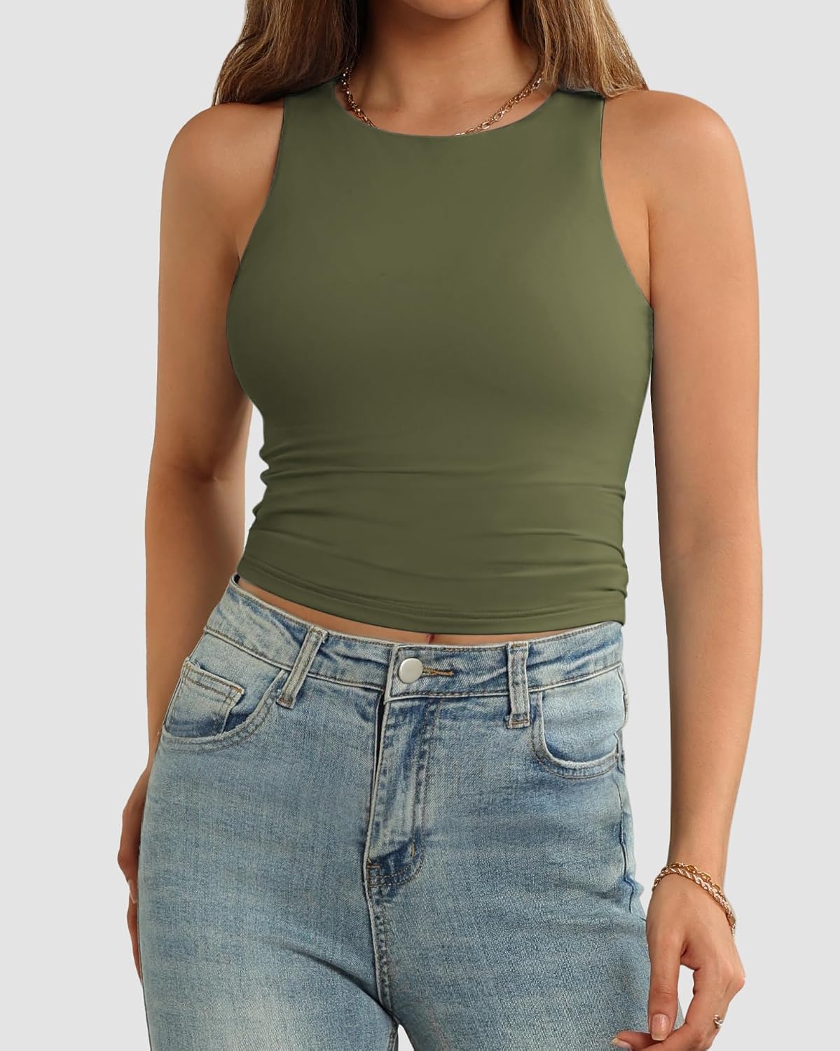 Women's Double Lined High Neck Crop Tank Olive Women's Double Lined High Neck Crop Tank Olive