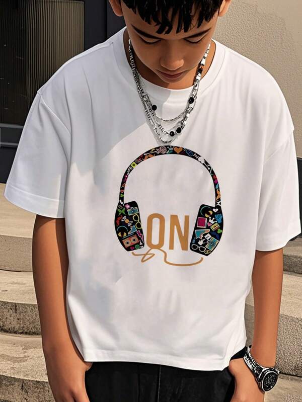 T-Shirt mit Musikkopfhörer-Print für Teenager-Jungen