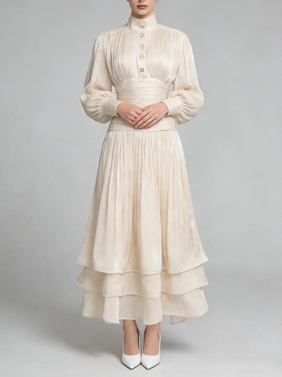 Women's High Neck Maxi Dress Puff Sleeve Ruched Champagne Women's High Neck Maxi Dress Puff Sleeve Ruched Champagne