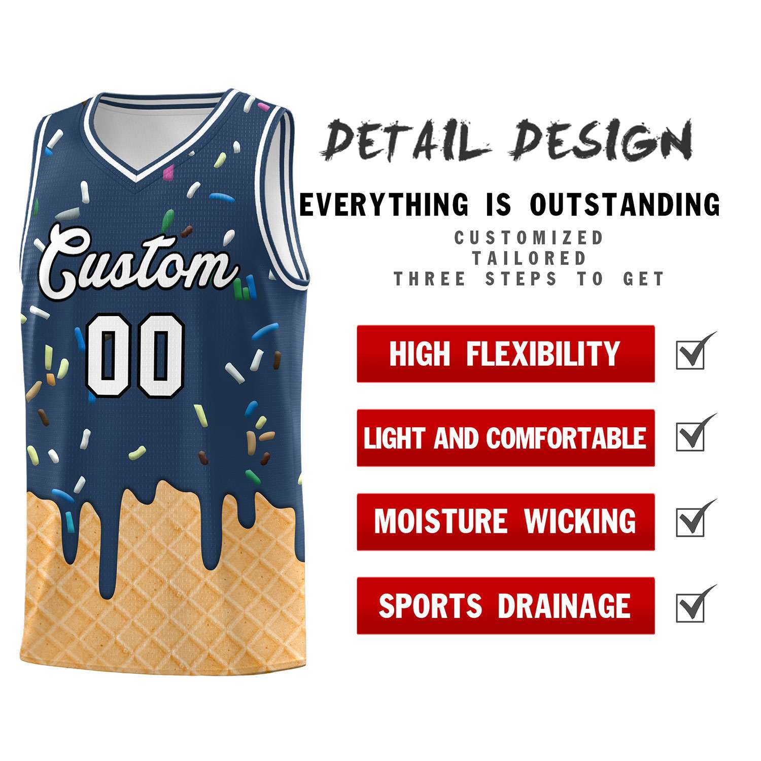 Benutzerdefinierte mitternachtsblaue Basketball-Kits mit Eiscreme-Elementmuster