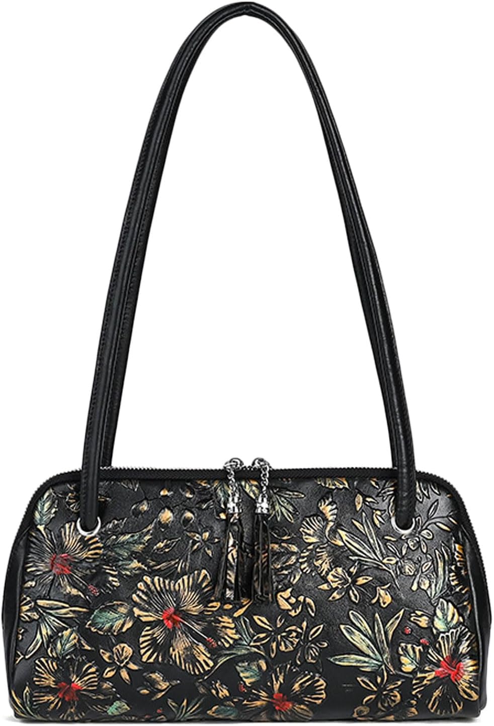 Women's Floral Embossed Cowhide Leather Shoulder Bag Black