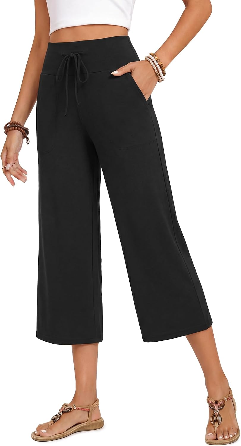 Capri Pants for Women - Wide Leg Loose Trousers with Pockets Summer High Waisted Drawstring