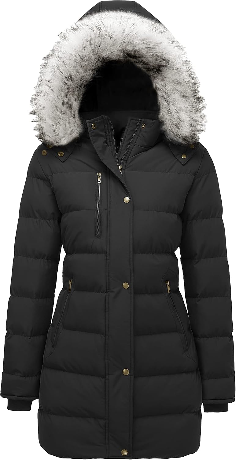 Women's Mid-Length Puffer Parka Faux Fur Trim Hood Black