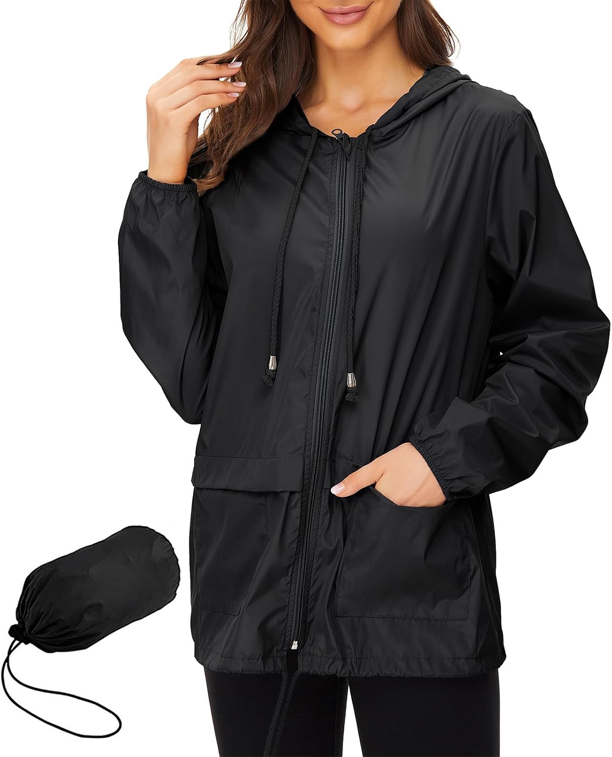 Women's Long Hooded Rain Jacket Packable Waterproof Black