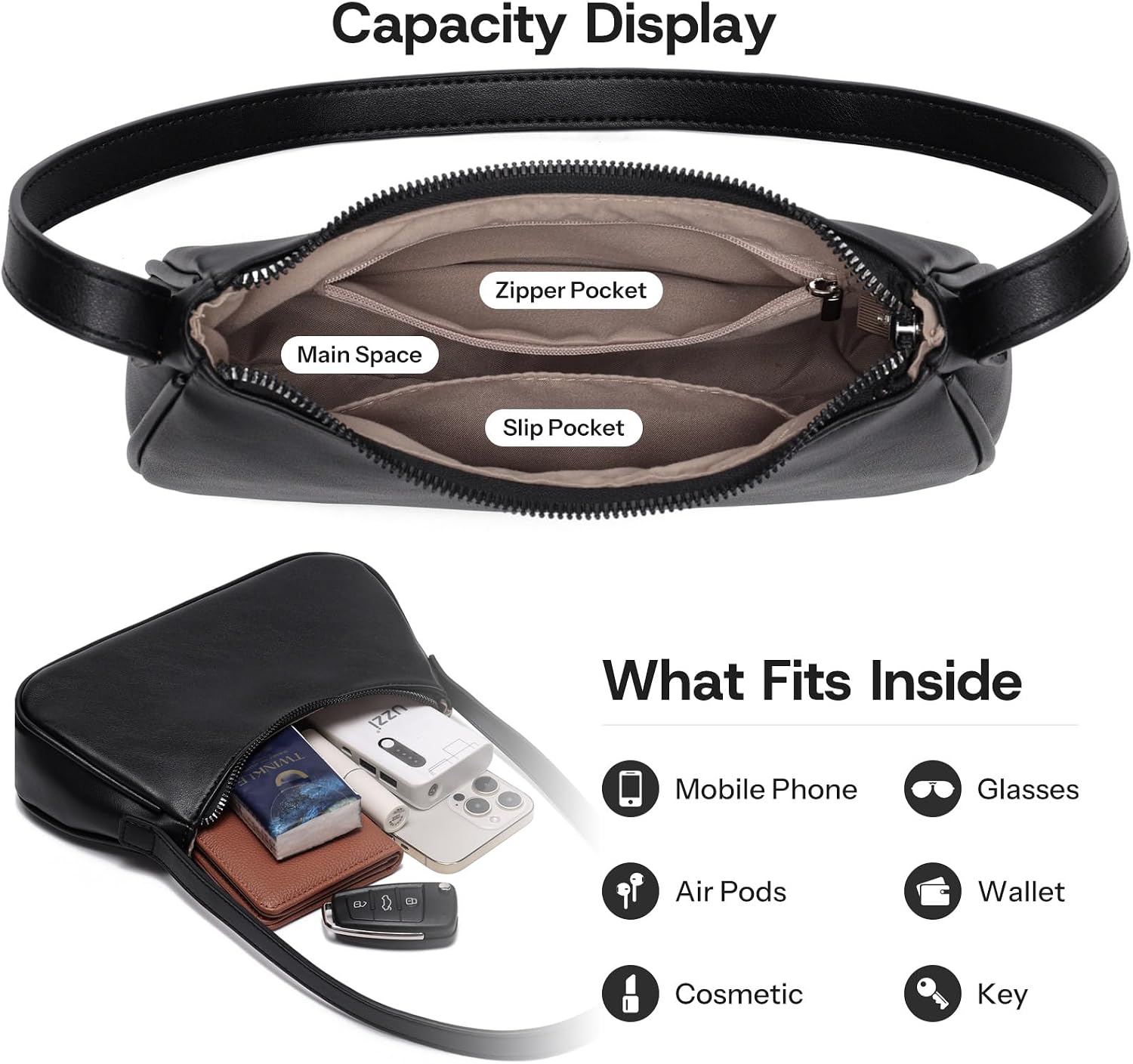 Women's Black Vegan Leather Crescent Shoulder Bag